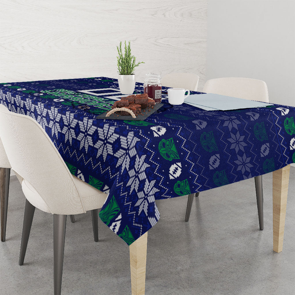 Personalized New Zealand Warriors Christmas Tablecloth Maori Rugby Fans - Pixelated Ugly Xmas Pattern Mascot Santa