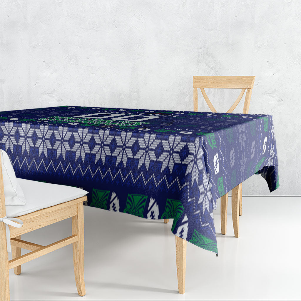 Personalized New Zealand Warriors Christmas Tablecloth Maori Rugby Fans - Pixelated Ugly Xmas Pattern Mascot Santa