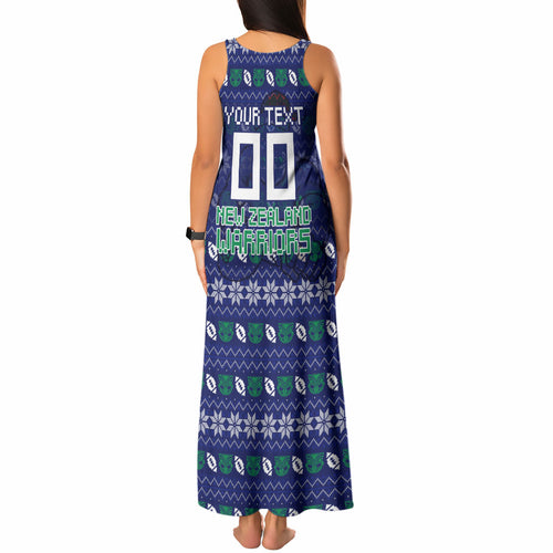 Personalized New Zealand Warriors Christmas Tank Maxi Dress Maori Rugby Fans - Pixelated Ugly Xmas Pattern Mascot Santa