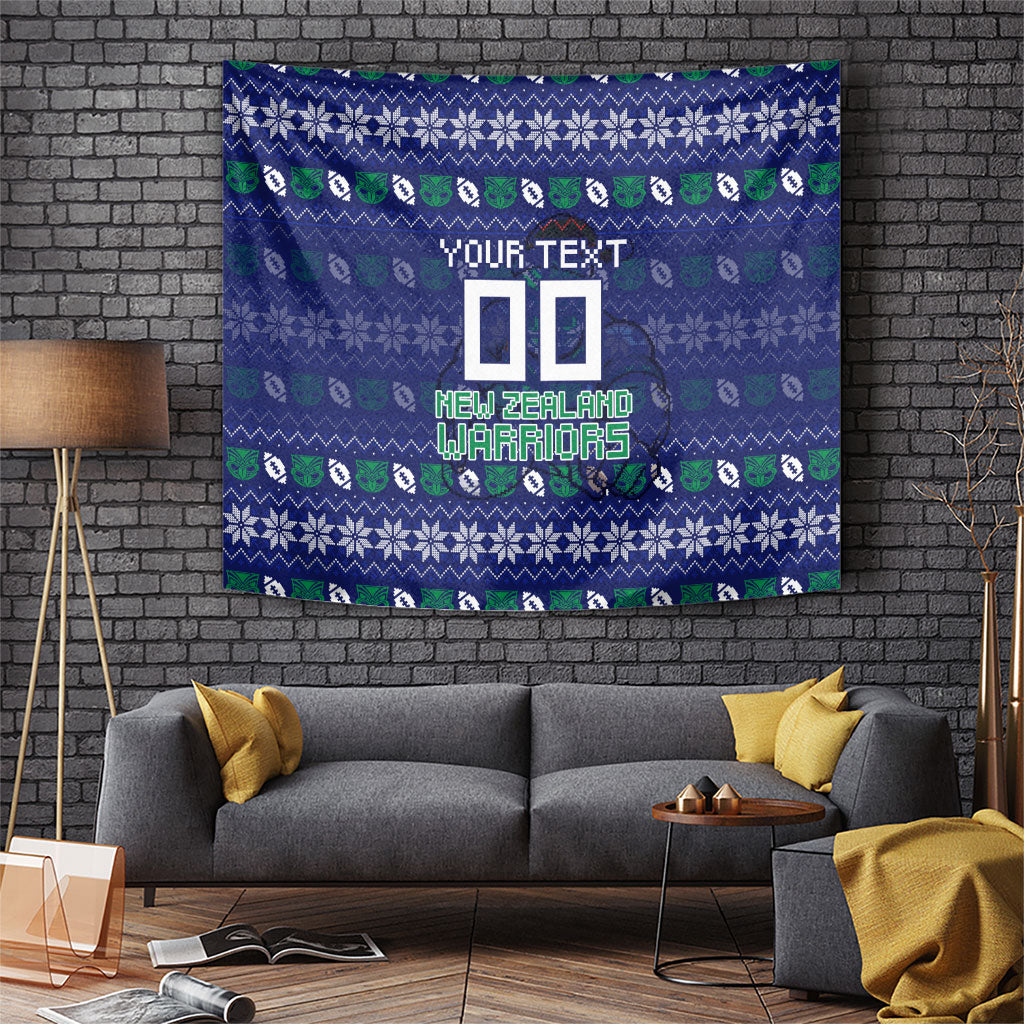 Personalized New Zealand Warriors Christmas Tapestry Maori Rugby Fans - Pixelated Ugly Xmas Pattern Mascot Santa