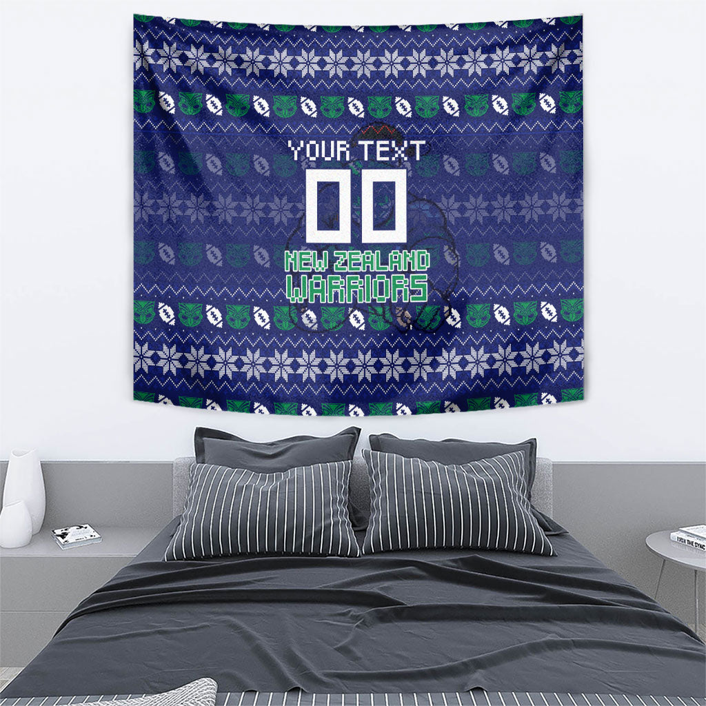 Personalized New Zealand Warriors Christmas Tapestry Maori Rugby Fans - Pixelated Ugly Xmas Pattern Mascot Santa