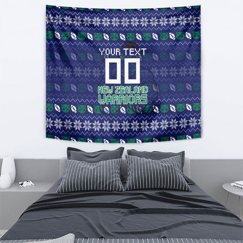 Personalized New Zealand Warriors Christmas Tapestry Maori Rugby Fans - Pixelated Ugly Xmas Pattern Mascot Santa