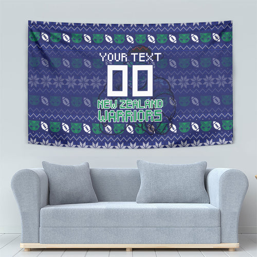 Personalized New Zealand Warriors Christmas Tapestry Maori Rugby Fans - Pixelated Ugly Xmas Pattern Mascot Santa