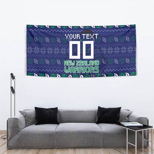 Personalized New Zealand Warriors Christmas Tapestry Maori Rugby Fans - Pixelated Ugly Xmas Pattern Mascot Santa