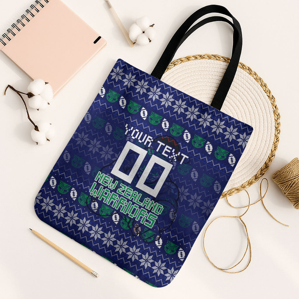 Personalized New Zealand Warriors Christmas Tote Bag Maori Rugby Fans - Pixelated Ugly Xmas Pattern Mascot Santa
