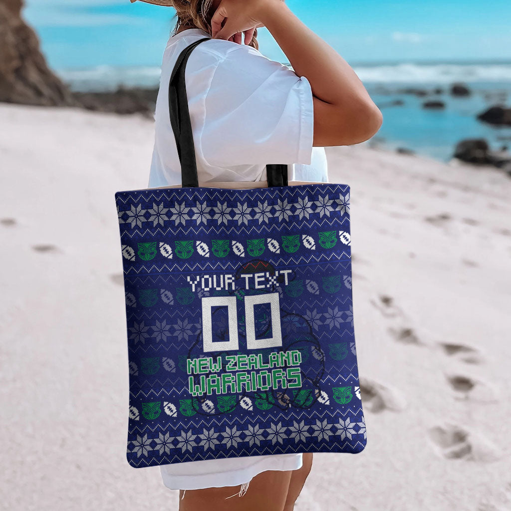 Personalized New Zealand Warriors Christmas Tote Bag Maori Rugby Fans - Pixelated Ugly Xmas Pattern Mascot Santa