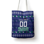 Personalized New Zealand Warriors Christmas Tote Bag Maori Rugby Fans - Pixelated Ugly Xmas Pattern Mascot Santa