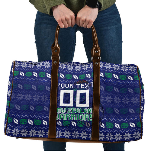 Personalized New Zealand Warriors Christmas Travel Bag Maori Rugby Fans - Pixelated Ugly Xmas Pattern Mascot Santa