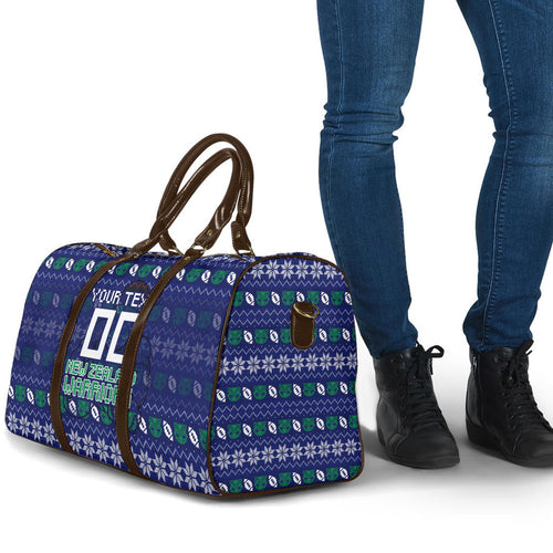 Personalized New Zealand Warriors Christmas Travel Bag Maori Rugby Fans - Pixelated Ugly Xmas Pattern Mascot Santa