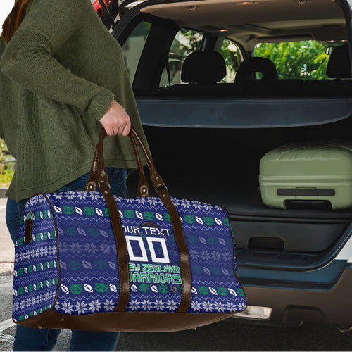 Personalized New Zealand Warriors Christmas Travel Bag Maori Rugby Fans - Pixelated Ugly Xmas Pattern Mascot Santa