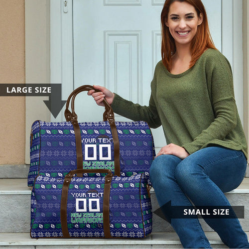 Personalized New Zealand Warriors Christmas Travel Bag Maori Rugby Fans - Pixelated Ugly Xmas Pattern Mascot Santa