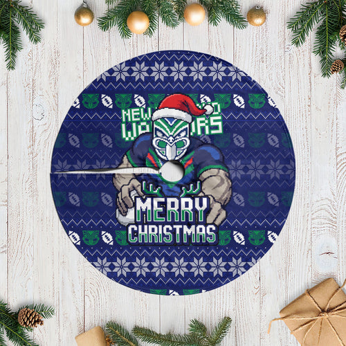 New Zealand Warriors Christmas Tree Skirt Maori Rugby Fans - Pixelated Ugly Xmas Pattern Mascot Santa