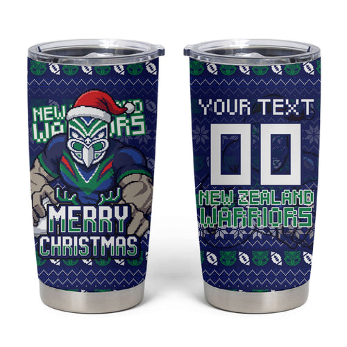 Personalized New Zealand Warriors Christmas Tumbler Cup Maori Rugby Fans - Pixelated Ugly Xmas Pattern Mascot Santa