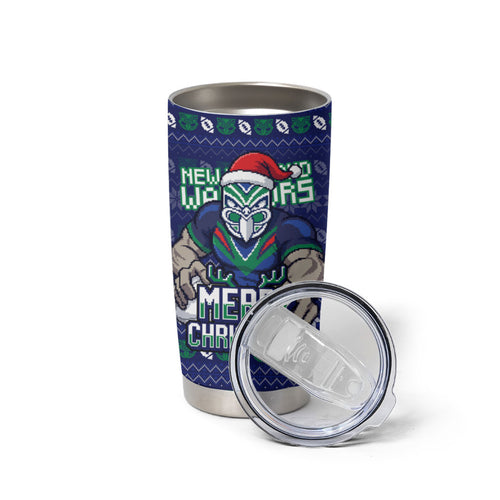 Personalized New Zealand Warriors Christmas Tumbler Cup Maori Rugby Fans - Pixelated Ugly Xmas Pattern Mascot Santa