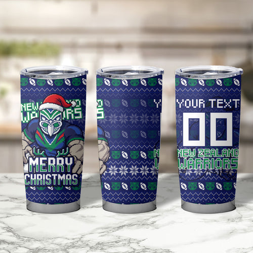 Personalized New Zealand Warriors Christmas Tumbler Cup Maori Rugby Fans - Pixelated Ugly Xmas Pattern Mascot Santa