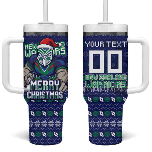 Personalized New Zealand Warriors Christmas Tumbler With Handle Maori Rugby Fans - Pixelated Ugly Xmas Pattern Mascot Santa
