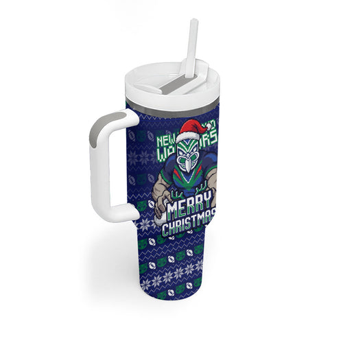 Personalized New Zealand Warriors Christmas Tumbler With Handle Maori Rugby Fans - Pixelated Ugly Xmas Pattern Mascot Santa