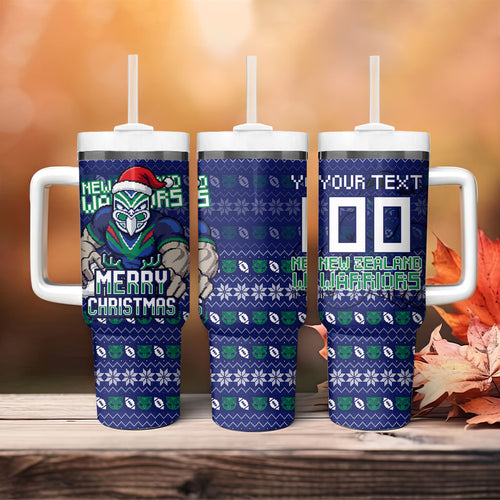 Personalized New Zealand Warriors Christmas Tumbler With Handle Maori Rugby Fans - Pixelated Ugly Xmas Pattern Mascot Santa