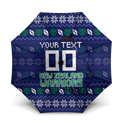 Personalized New Zealand Warriors Christmas Umbrella Maori Rugby Fans - Pixelated Ugly Xmas Pattern Mascot Santa