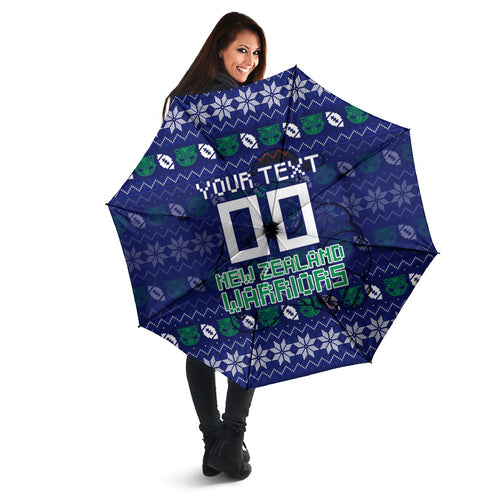 Personalized New Zealand Warriors Christmas Umbrella Maori Rugby Fans - Pixelated Ugly Xmas Pattern Mascot Santa