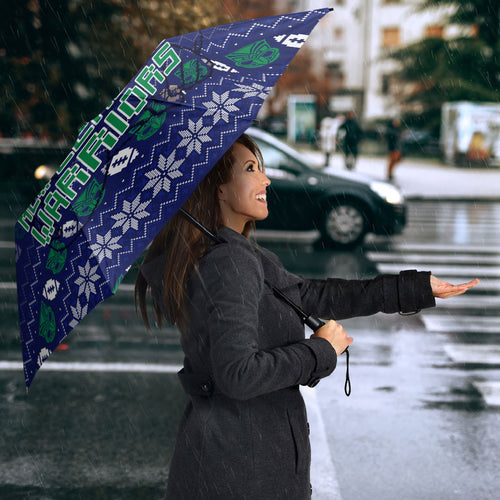 Personalized New Zealand Warriors Christmas Umbrella Maori Rugby Fans - Pixelated Ugly Xmas Pattern Mascot Santa