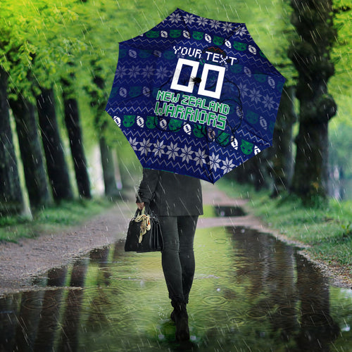 Personalized New Zealand Warriors Christmas Umbrella Maori Rugby Fans - Pixelated Ugly Xmas Pattern Mascot Santa