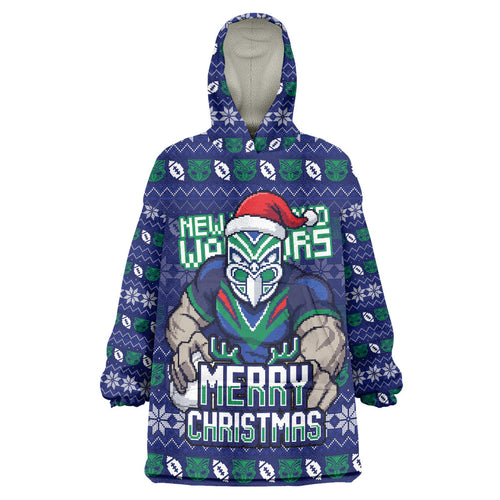 Personalized New Zealand Warriors Christmas Wearable Blanket Hoodie Maori Rugby Fans - Pixelated Ugly Xmas Pattern Mascot Santa