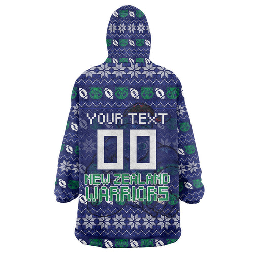 Personalized New Zealand Warriors Christmas Wearable Blanket Hoodie Maori Rugby Fans - Pixelated Ugly Xmas Pattern Mascot Santa