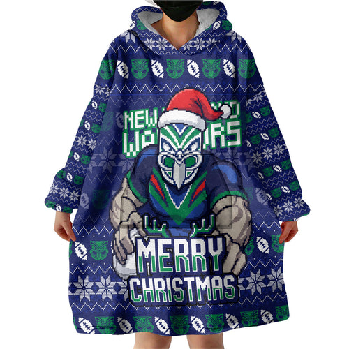 Personalized New Zealand Warriors Christmas Wearable Blanket Hoodie Maori Rugby Fans - Pixelated Ugly Xmas Pattern Mascot Santa
