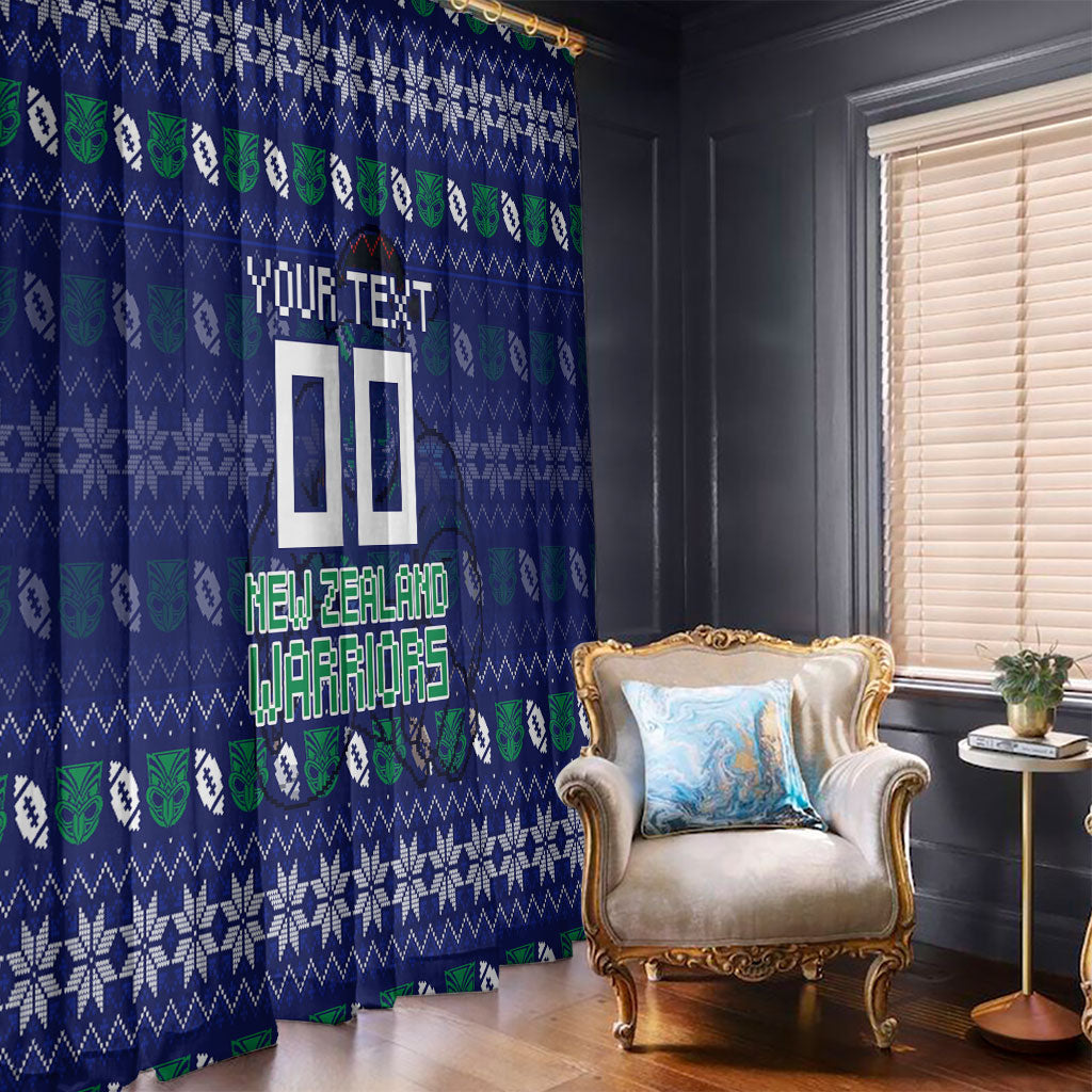 Personalized New Zealand Warriors Christmas Window Curtain Maori Rugby Fans - Pixelated Ugly Xmas Pattern Mascot Santa