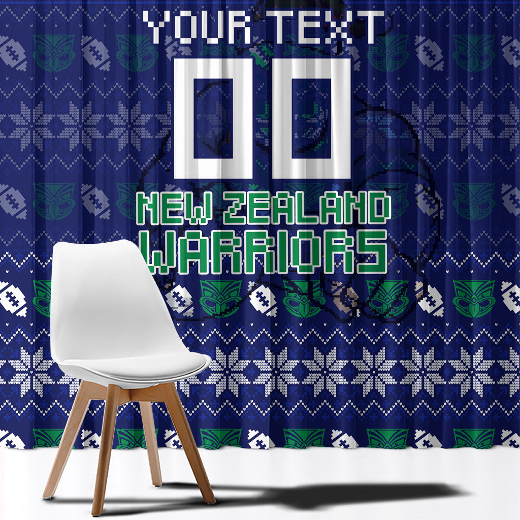 Personalized New Zealand Warriors Christmas Window Curtain Maori Rugby Fans - Pixelated Ugly Xmas Pattern Mascot Santa