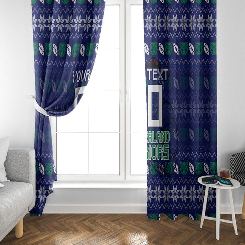 Personalized New Zealand Warriors Christmas Window Curtain Maori Rugby Fans - Pixelated Ugly Xmas Pattern Mascot Santa