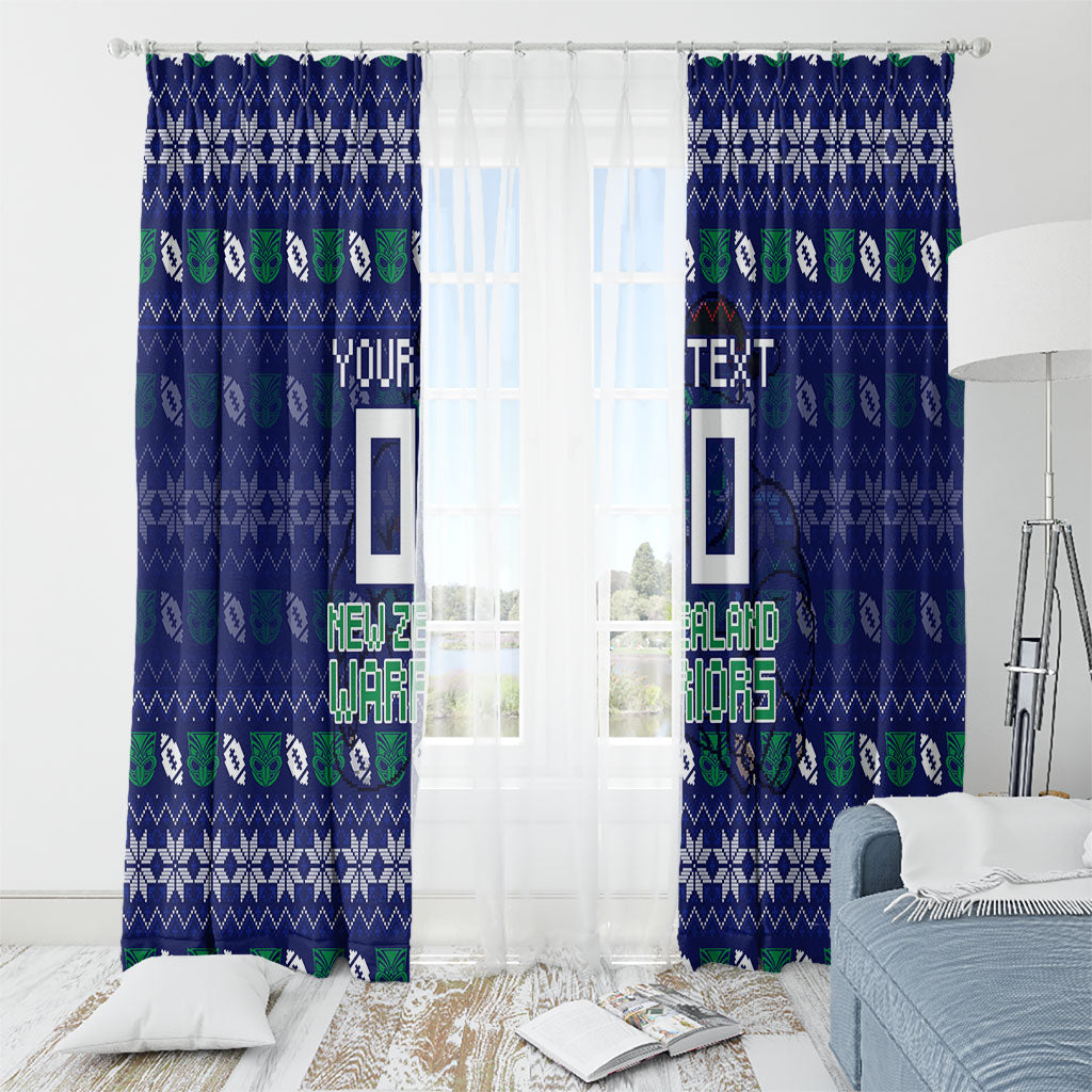 Personalized New Zealand Warriors Christmas Window Curtain Maori Rugby Fans - Pixelated Ugly Xmas Pattern Mascot Santa