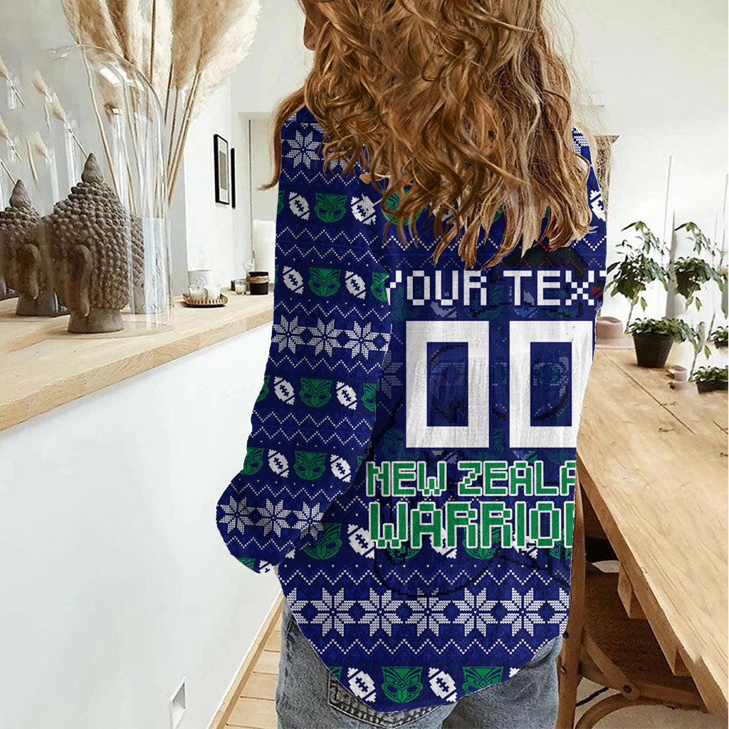 Personalized New Zealand Warriors Christmas Women Casual Shirt Maori Rugby Fans - Pixelated Ugly Xmas Pattern Mascot Santa