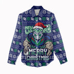 Personalized New Zealand Warriors Christmas Women Casual Shirt Maori Rugby Fans - Pixelated Ugly Xmas Pattern Mascot Santa
