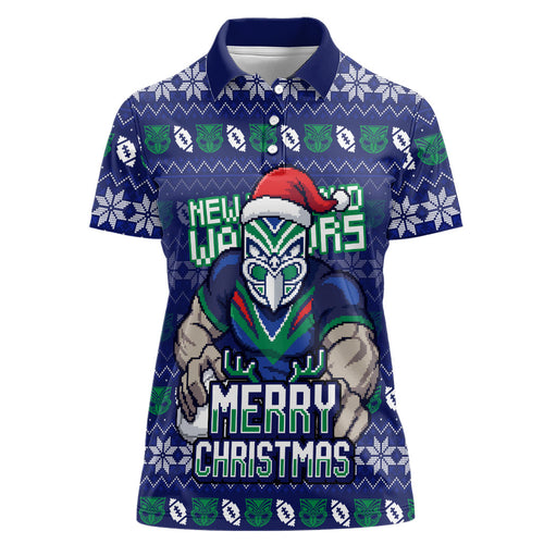 Personalized New Zealand Warriors Christmas Women Polo Shirt Maori Rugby Fans - Pixelated Ugly Xmas Pattern Mascot Santa