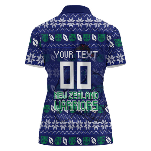 Personalized New Zealand Warriors Christmas Women Polo Shirt Maori Rugby Fans - Pixelated Ugly Xmas Pattern Mascot Santa