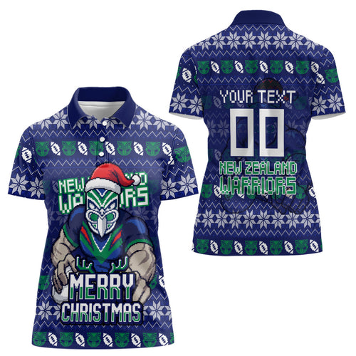 Personalized New Zealand Warriors Christmas Women Polo Shirt Maori Rugby Fans - Pixelated Ugly Xmas Pattern Mascot Santa