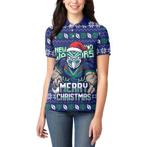 Personalized New Zealand Warriors Christmas Women Polo Shirt Maori Rugby Fans - Pixelated Ugly Xmas Pattern Mascot Santa