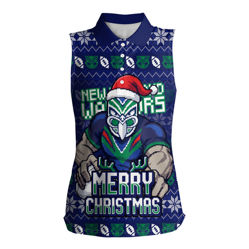 Personalized New Zealand Warriors Christmas Women Sleeveless Polo Shirt Maori Rugby Fans - Pixelated Ugly Xmas Pattern Mascot Santa