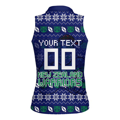 Personalized New Zealand Warriors Christmas Women Sleeveless Polo Shirt Maori Rugby Fans - Pixelated Ugly Xmas Pattern Mascot Santa