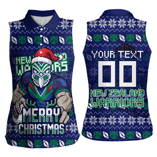 Personalized New Zealand Warriors Christmas Women Sleeveless Polo Shirt Maori Rugby Fans - Pixelated Ugly Xmas Pattern Mascot Santa