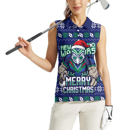 Personalized New Zealand Warriors Christmas Women Sleeveless Polo Shirt Maori Rugby Fans - Pixelated Ugly Xmas Pattern Mascot Santa