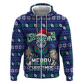 Personalized New Zealand Warriors Christmas Zip Hoodie Maori Rugby Fans - Pixelated Ugly Xmas Pattern Mascot Santa