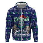Personalized New Zealand Warriors Christmas Zip Hoodie Maori Rugby Fans - Pixelated Ugly Xmas Pattern Mascot Santa
