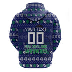 Personalized New Zealand Warriors Christmas Zip Hoodie Maori Rugby Fans - Pixelated Ugly Xmas Pattern Mascot Santa