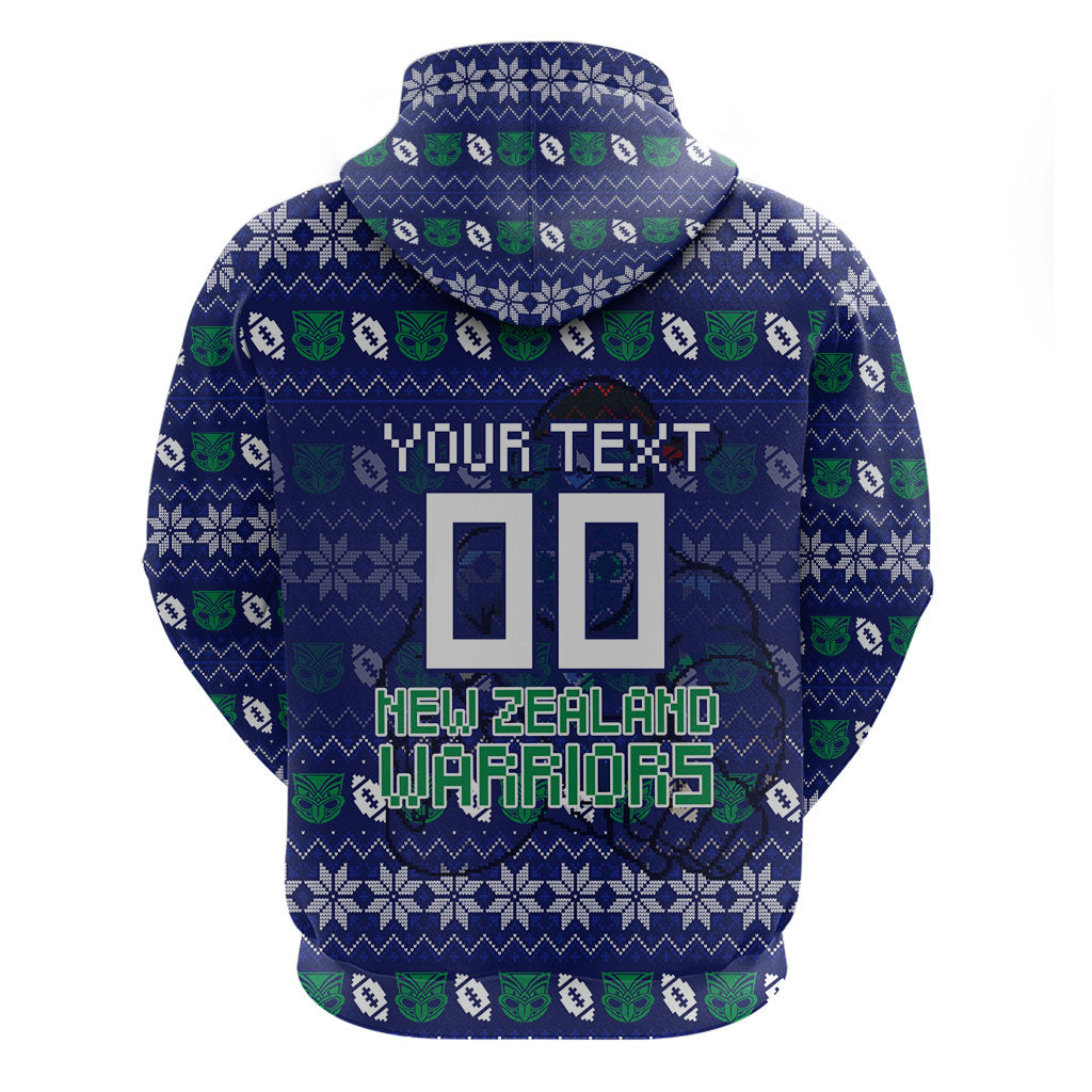 Personalized New Zealand Warriors Christmas Zip Hoodie Maori Rugby Fans - Pixelated Ugly Xmas Pattern Mascot Santa