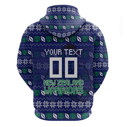 Personalized New Zealand Warriors Christmas Zip Hoodie Maori Rugby Fans - Pixelated Ugly Xmas Pattern Mascot Santa