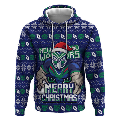 Personalized New Zealand Warriors Christmas Zip Hoodie Maori Rugby Fans - Pixelated Ugly Xmas Pattern Mascot Santa