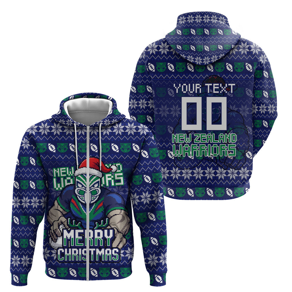 Personalized New Zealand Warriors Christmas Zip Hoodie Maori Rugby Fans - Pixelated Ugly Xmas Pattern Mascot Santa